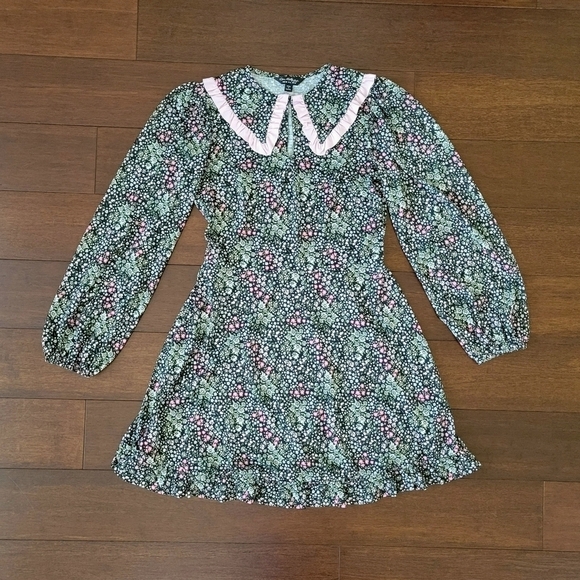 Asos Miss Selfridge Collared Black & Pink Floral Vtg Retro Inspired Dress Size 6 - Picture 5 of 9